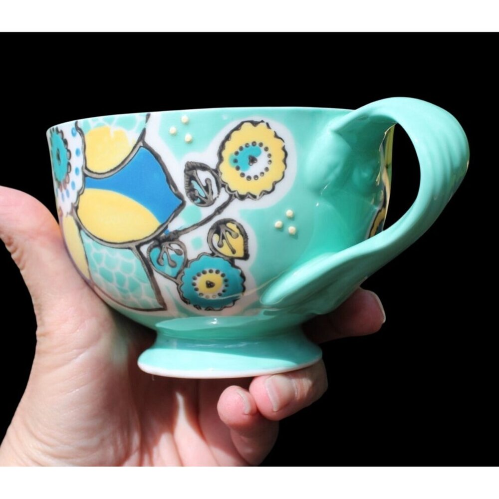 Anthropologie Elka Mint Green Yellow Blue Ceramic Mug/Footed Cup 3-1/8” - Picture 4 of 7